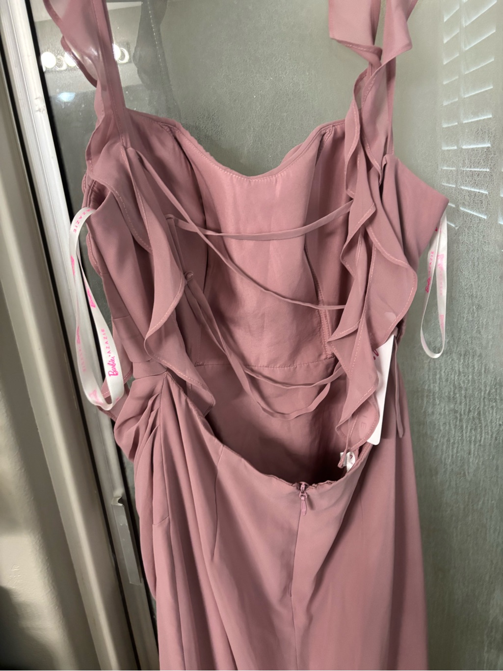 Barbie Vintage Blush Ruffle-Strap Prom Dress With Side Slit — image 2 of 5